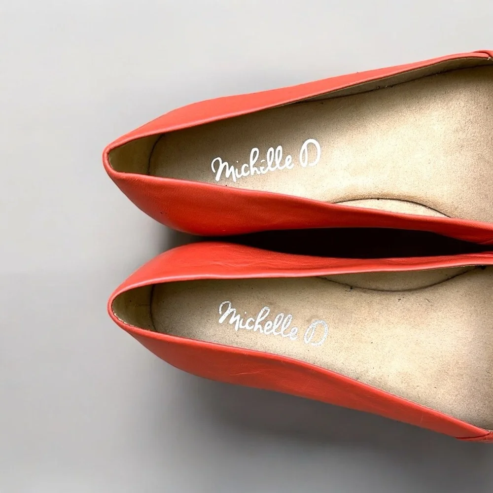 Michelle D Ellena Leather Low Wedge Open Toe Shoe in Coral Size 6 1/2